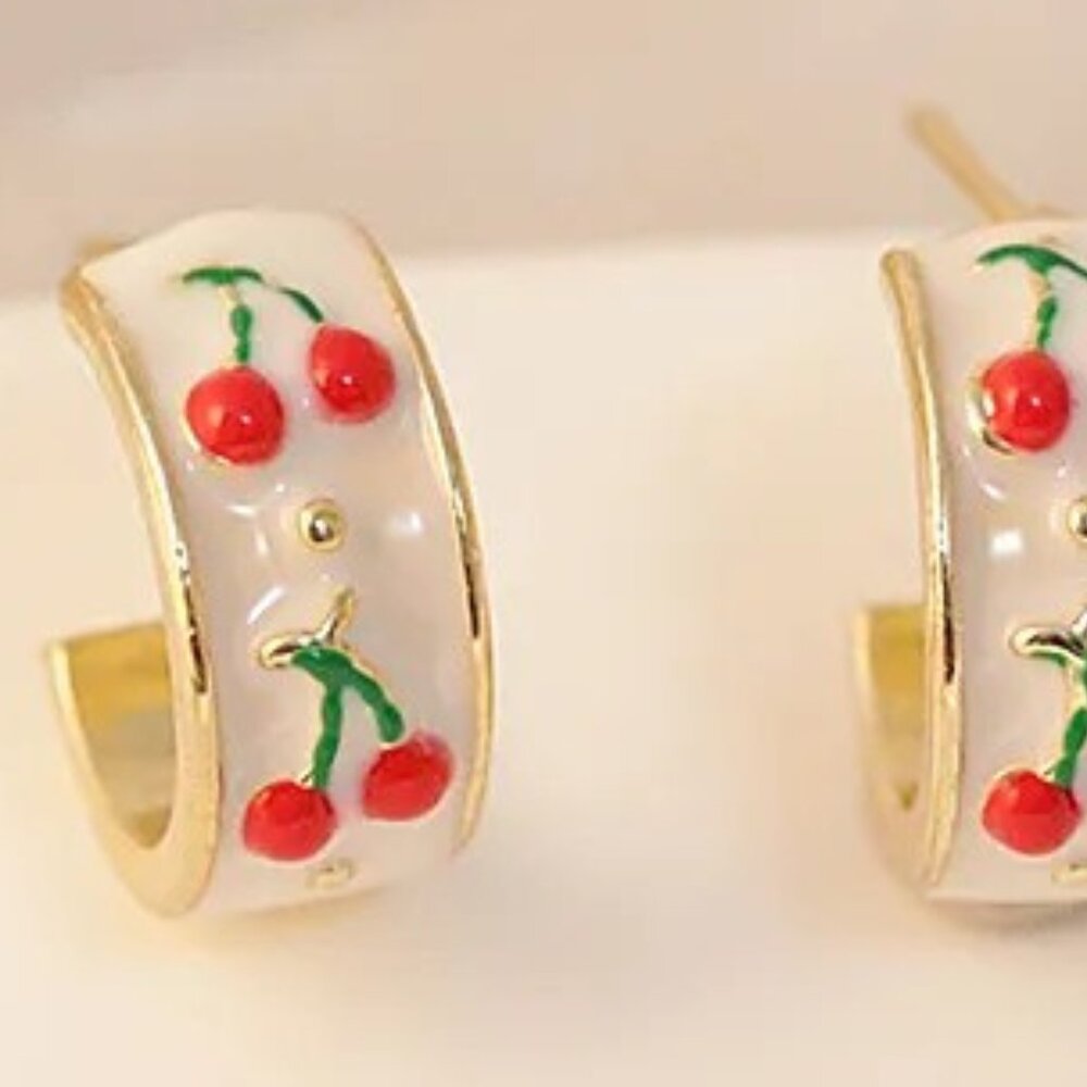 RAISED CHERRY ENAMEL WITH LIGHT PINK ENAMEL INLAY HALF HOOP EARRING